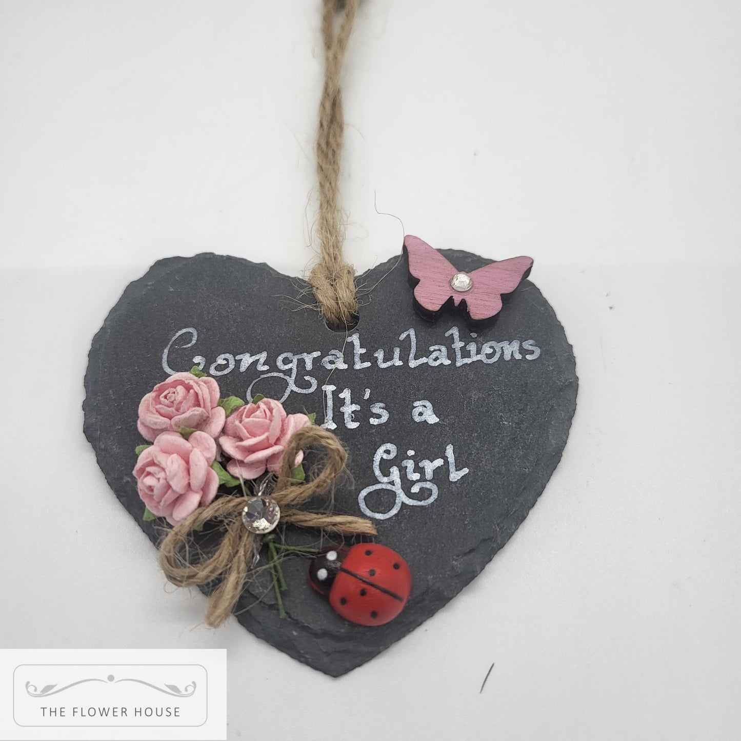 Personalised Hanging Slate Hearts "Congratulations It's A"